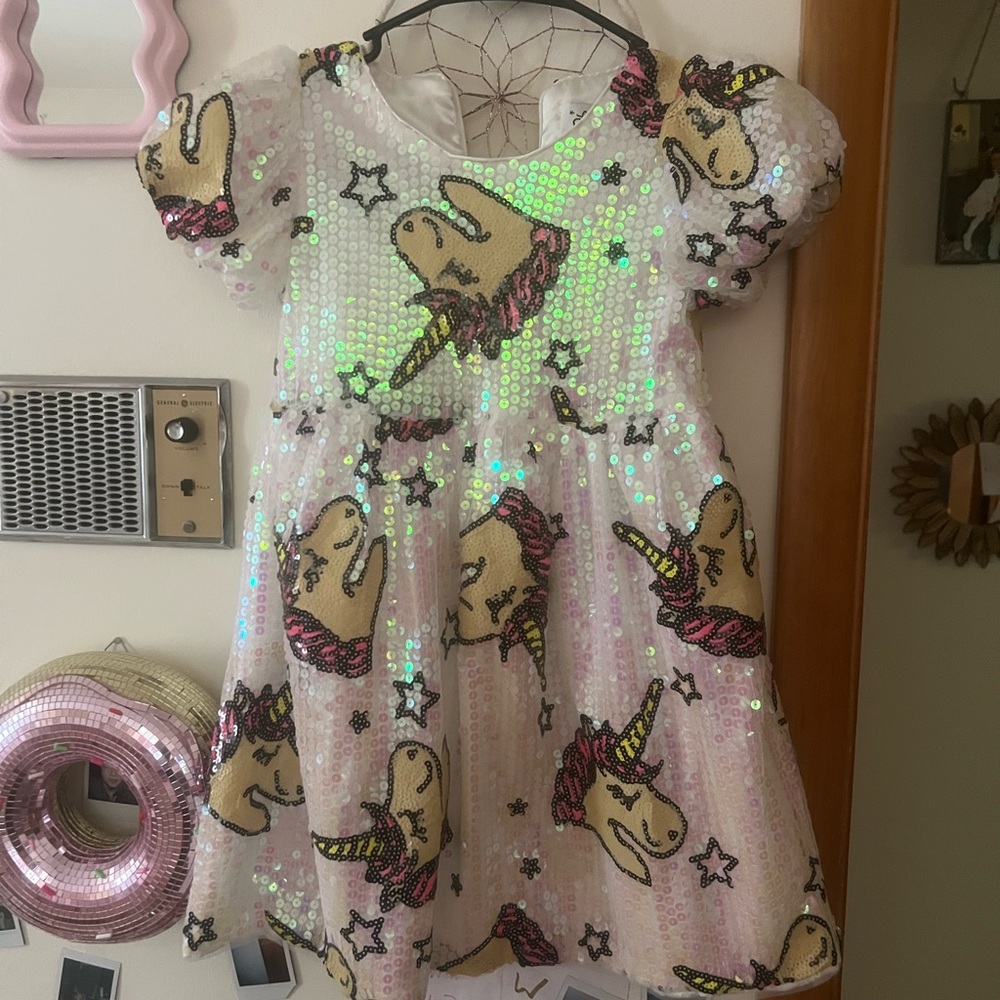 Lola + The Boys Iridescent Sequin Party Dress in Pink, Gold & Black